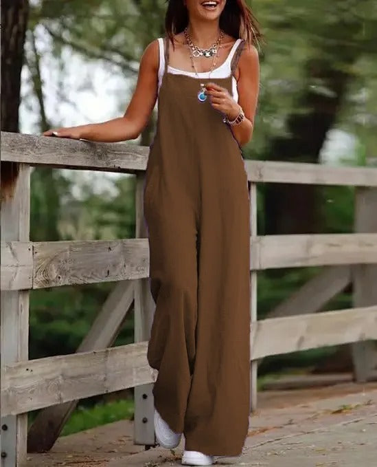 Linen Wide-Leg Dungaree Jumpsuit