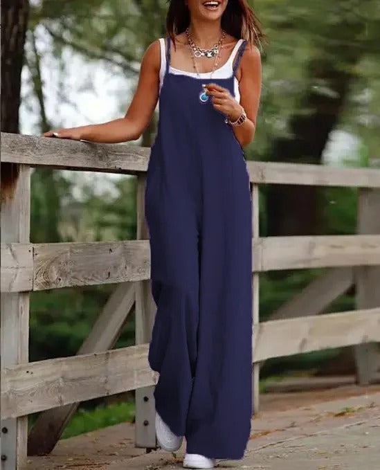 Linen Wide-Leg Dungaree Jumpsuit