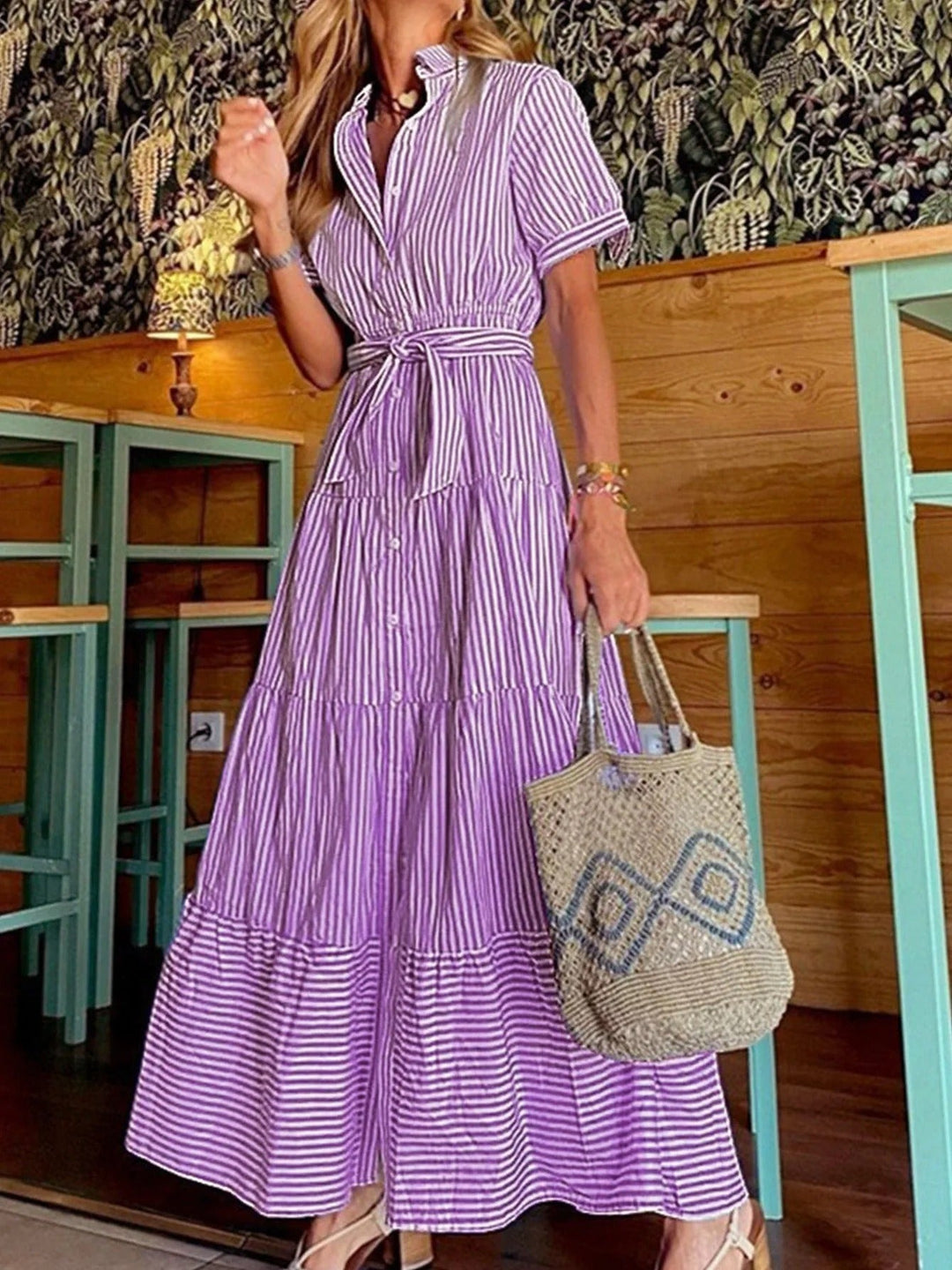 Striped Button-Down Tiered Maxi Dress