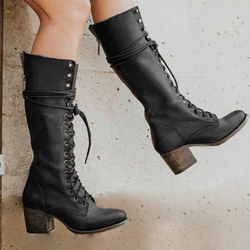 Leather Knee-High Lace-Up Boots