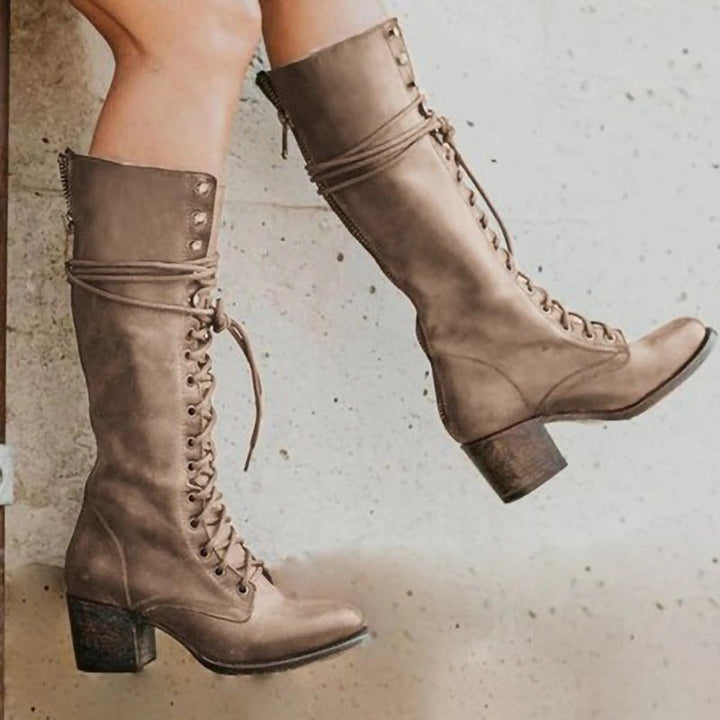 Leather Knee-High Lace-Up Boots