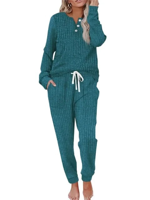 Ribbed Button-Neck Loungewear Set