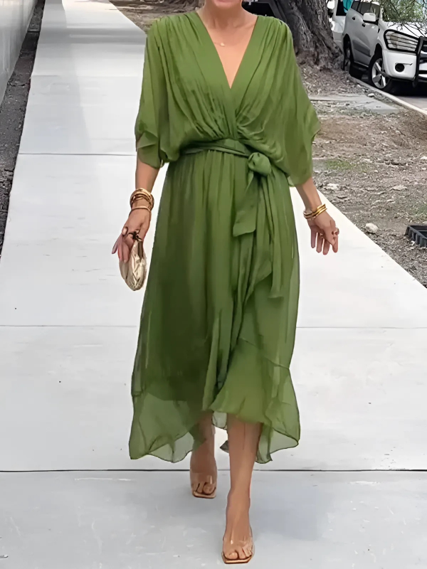 Tie Waist Flutter Sleeve Midi Dress