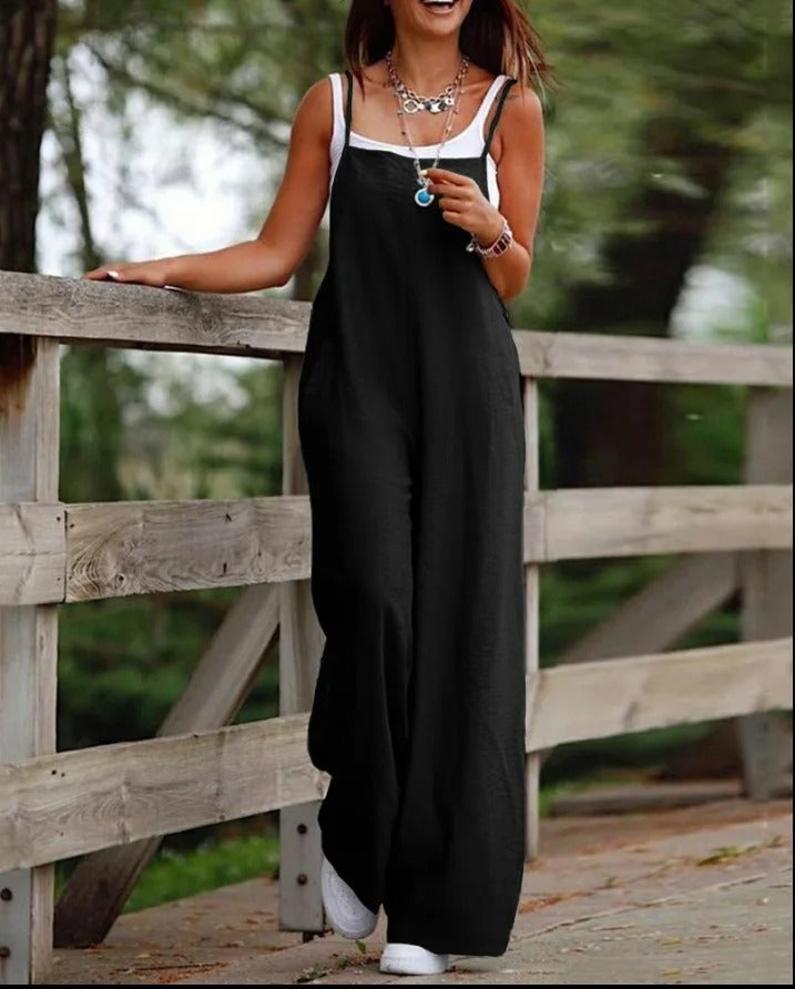 Linen Wide-Leg Dungaree Jumpsuit