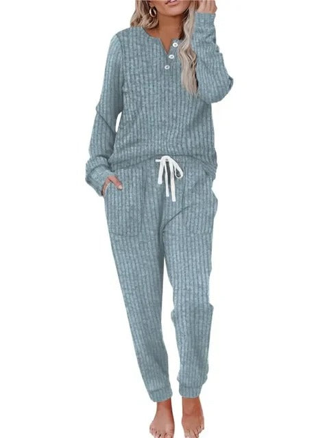 Ribbed Button-Neck Loungewear Set