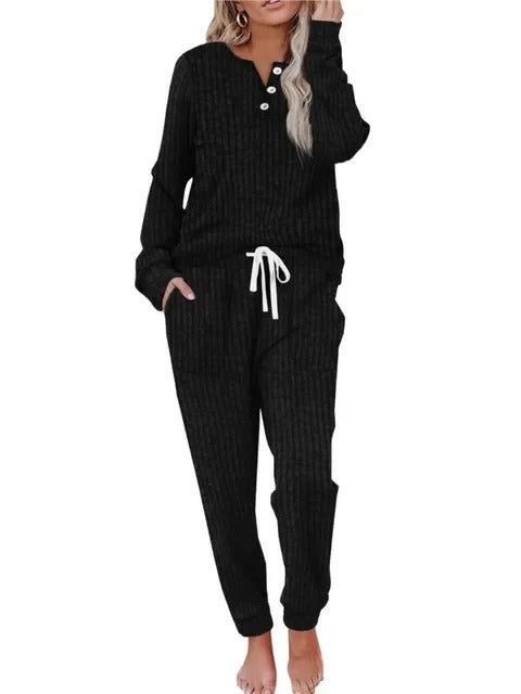Ribbed Button-Neck Loungewear Set