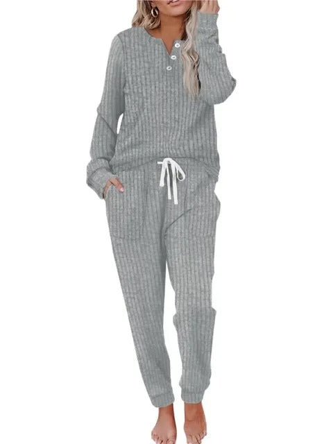 Ribbed Button-Neck Loungewear Set