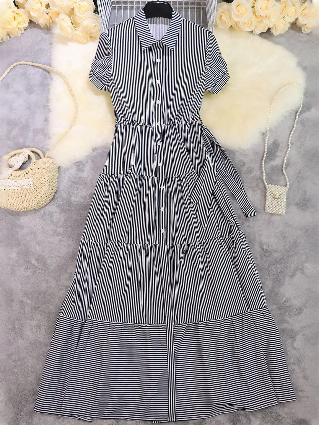 Striped Button-Down Tiered Maxi Dress