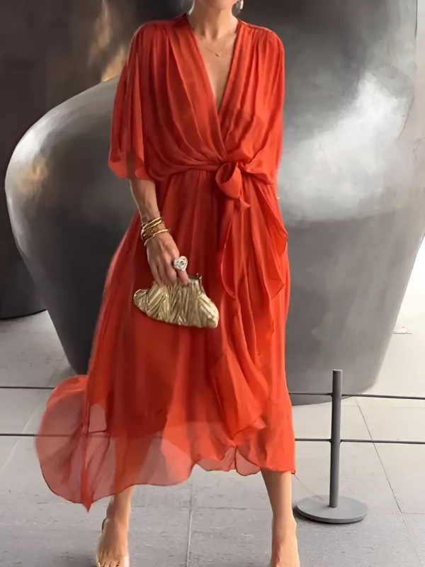 Tie Waist Flutter Sleeve Midi Dress
