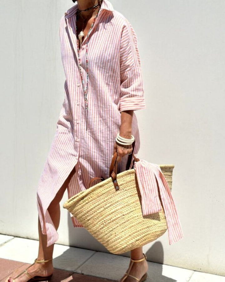 Striped Button-Front Midi Shirt Dress