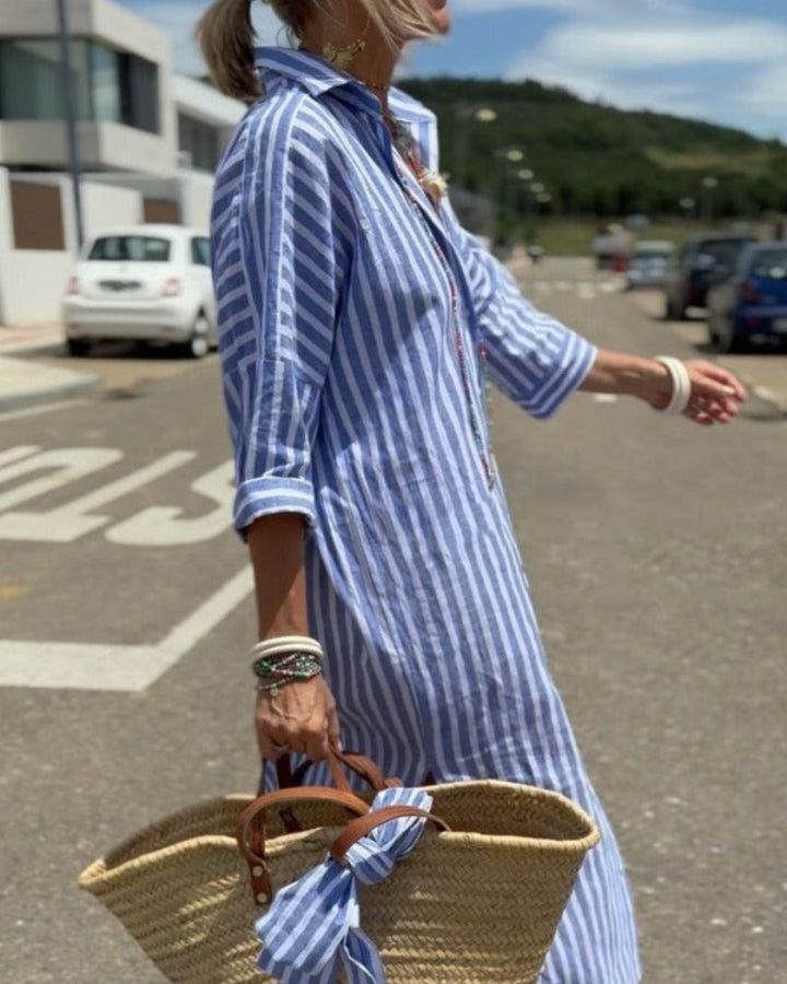 Striped Button-Front Midi Shirt Dress
