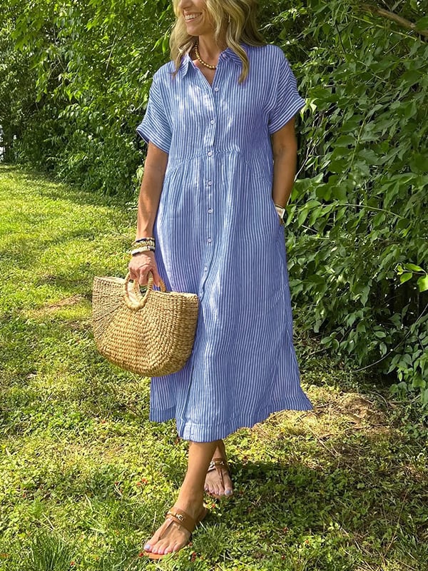 Striped Button-Front Midi Dress