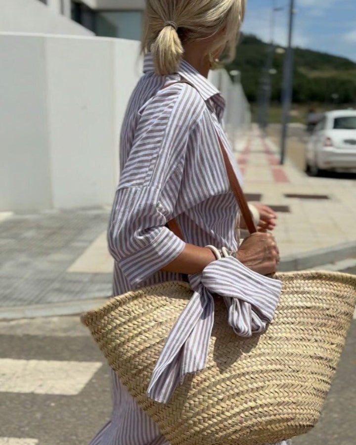 Striped Button-Front Midi Shirt Dress