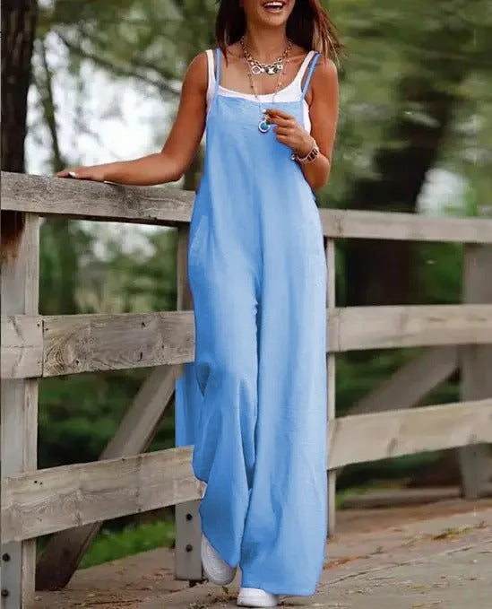 Linen Wide-Leg Dungaree Jumpsuit
