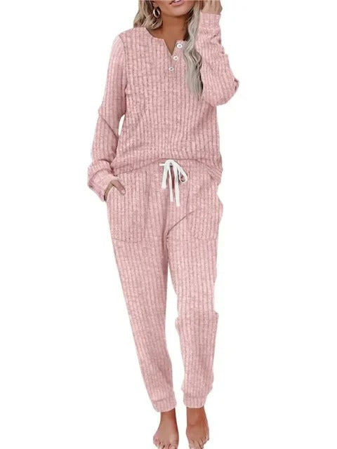 Ribbed Button-Neck Loungewear Set