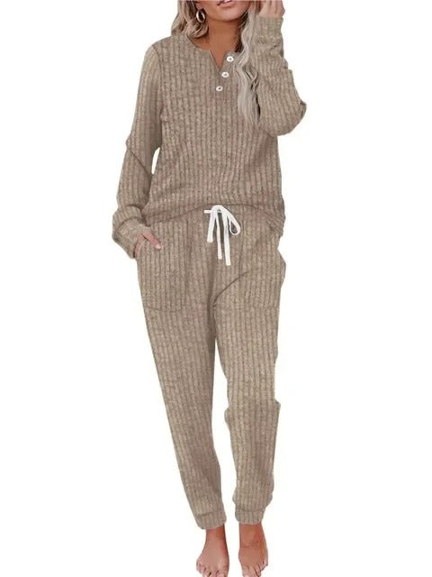 Ribbed Button-Neck Loungewear Set