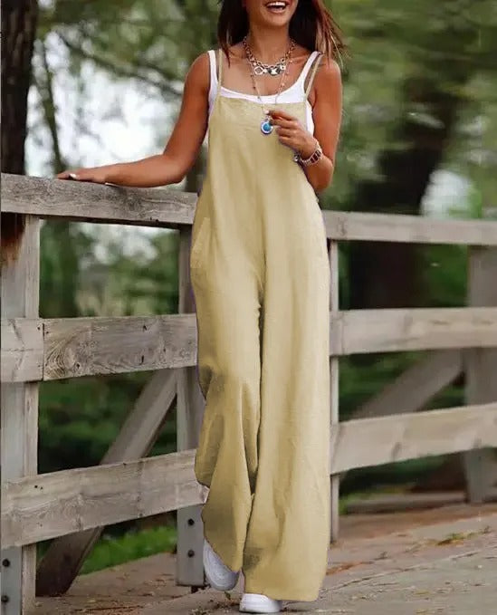 Linen Wide-Leg Dungaree Jumpsuit