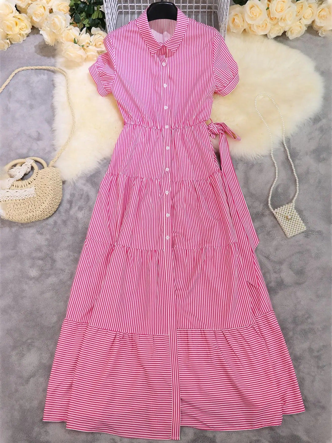 Striped Button-Down Tiered Maxi Dress