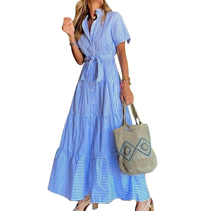 Striped Button-Down Tiered Maxi Dress