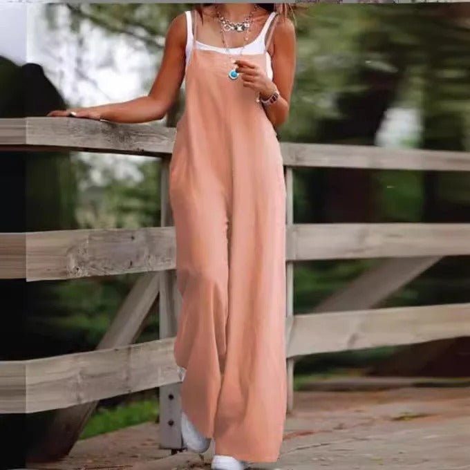 Linen Wide-Leg Dungaree Jumpsuit