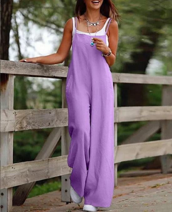 Linen Wide-Leg Dungaree Jumpsuit