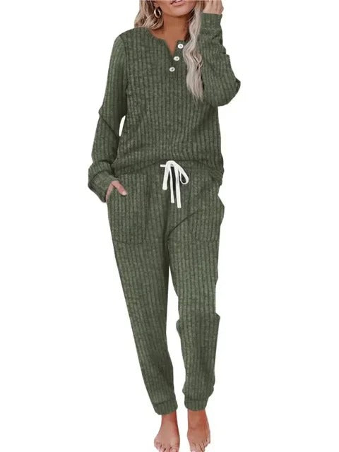 Ribbed Button-Neck Loungewear Set