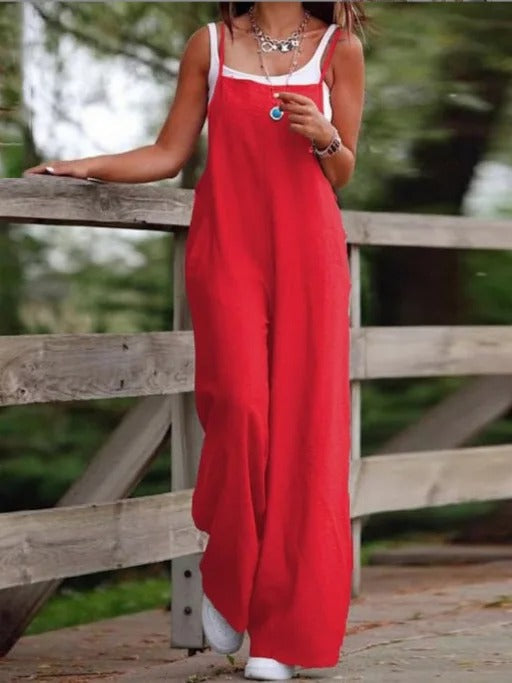 Linen Wide-Leg Dungaree Jumpsuit