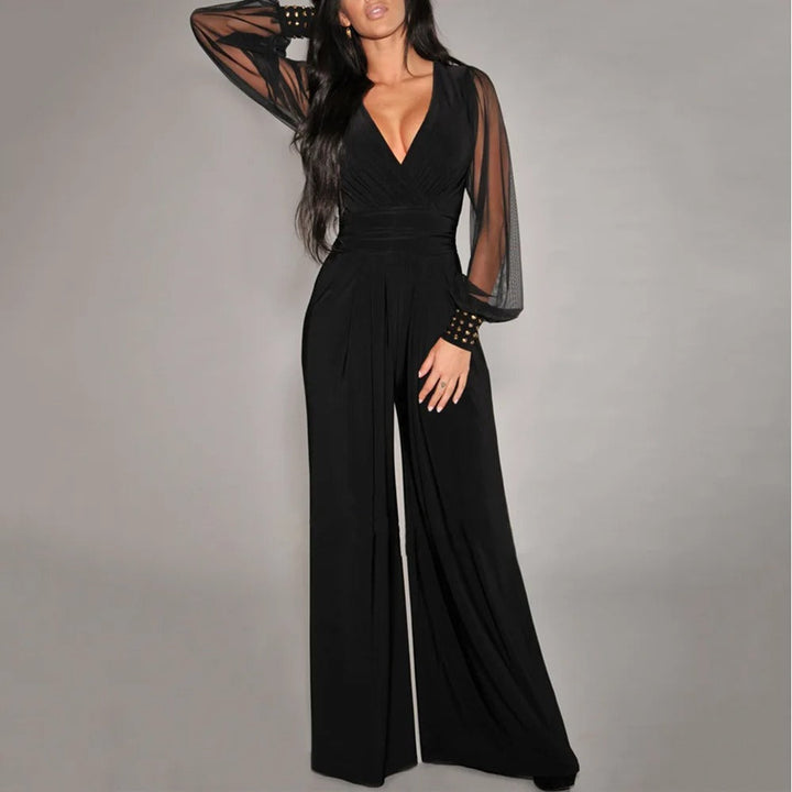 Long Sleeve V-Neck Wide-Leg Jumpsuit