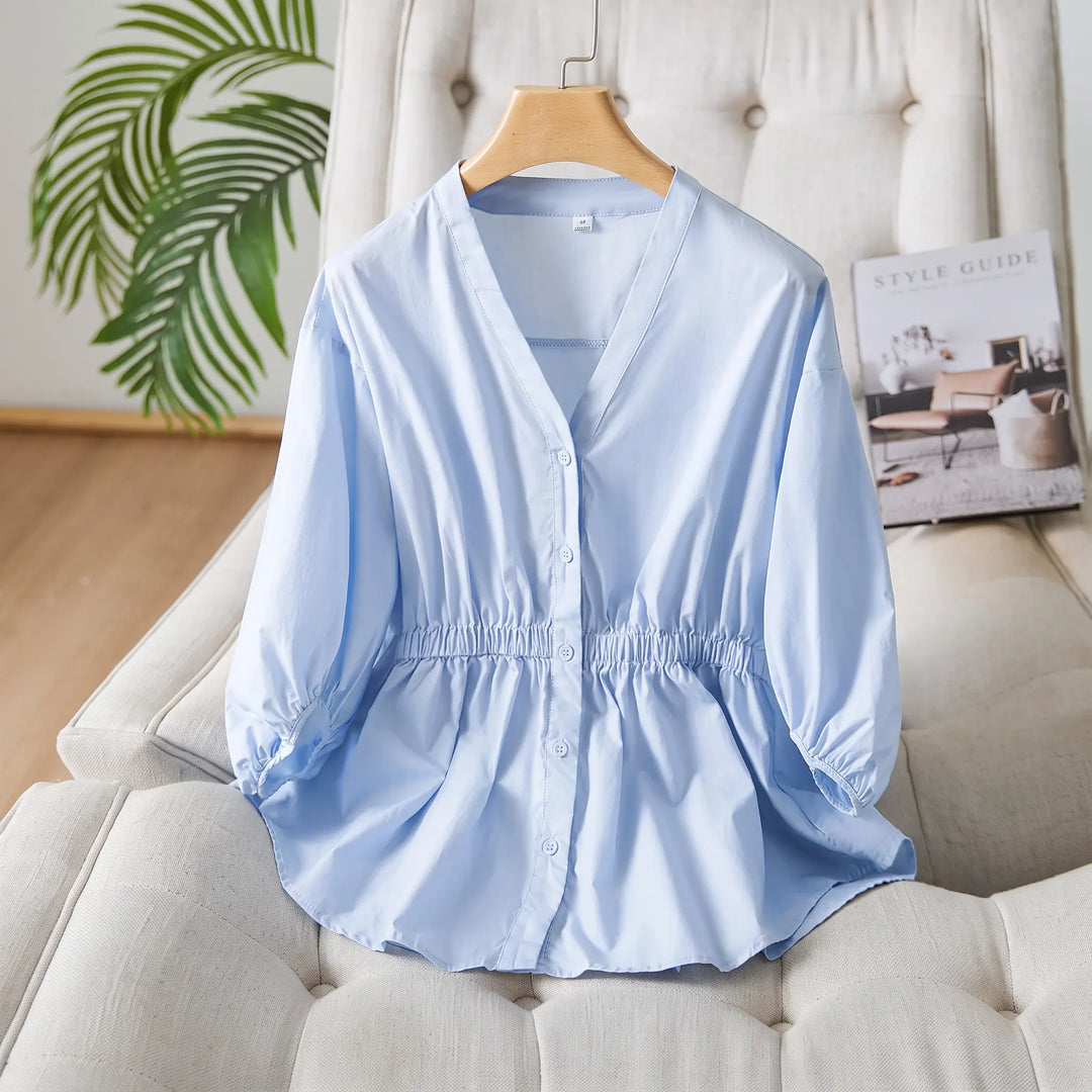 Rixal - V-Neck Cotton Blouse Elasticated Waist