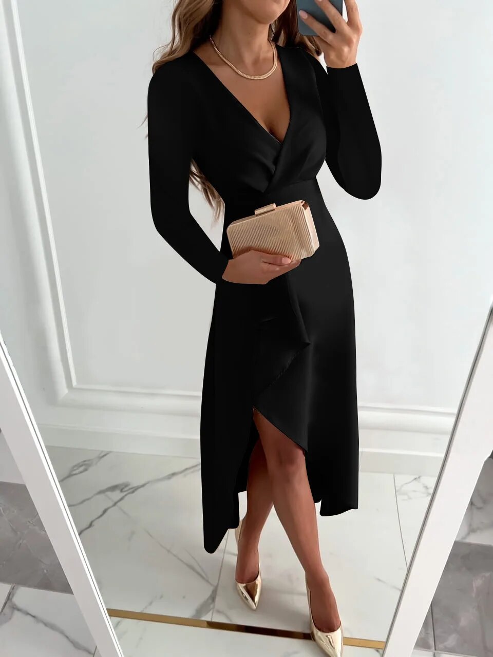 V-Neck Sheath Midi Dress with Slit