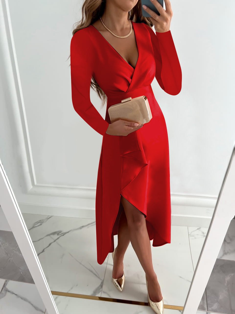 V-Neck Sheath Midi Dress with Slit