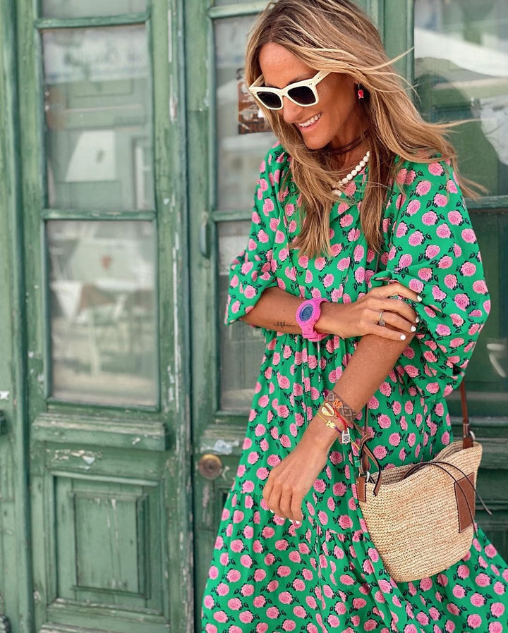 Printed V-Neck Flowy Maxi Dress