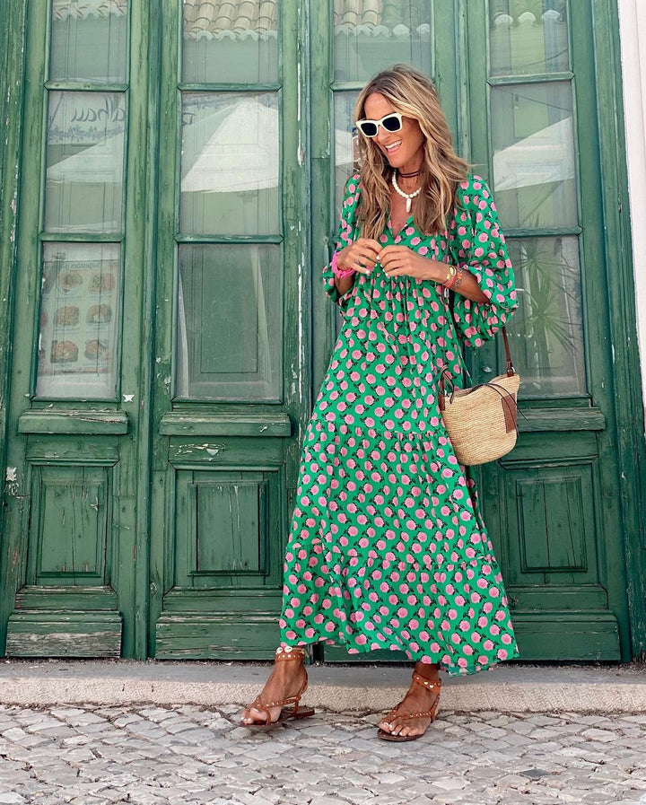 Printed V-Neck Flowy Maxi Dress