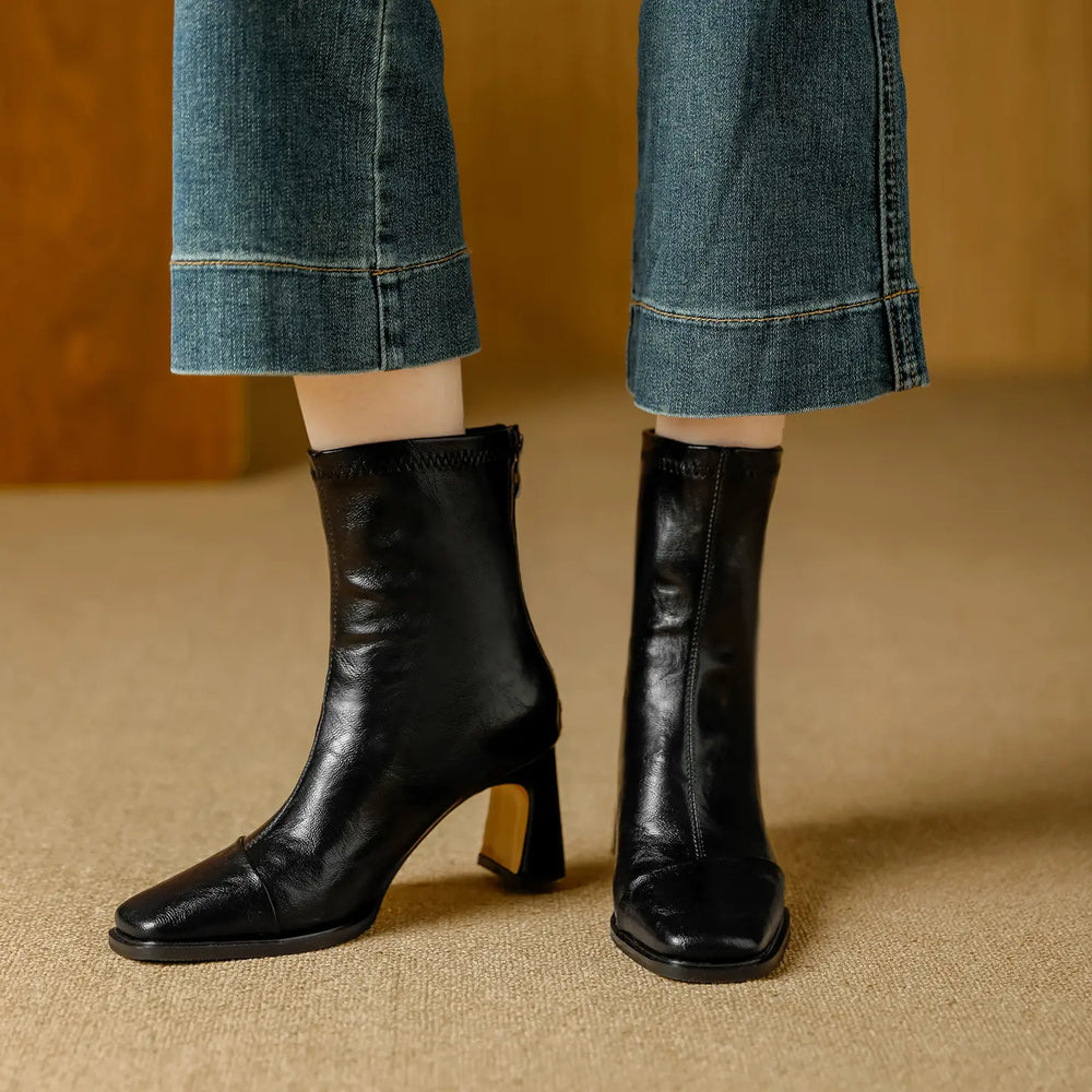 Kaelen - Chic Ankle Boots Leather Block Heel