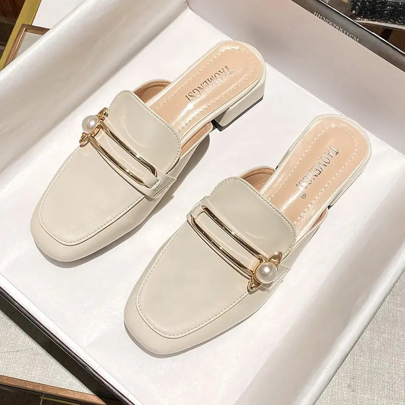 Kaelo - Pearl Detail Mules Square Toe Slip-Ons