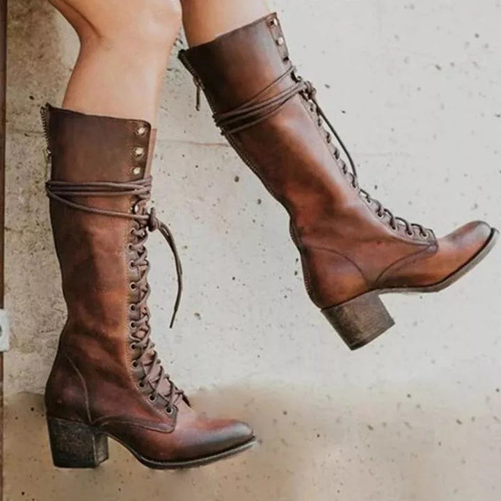 Leather Knee-High Lace-Up Boots