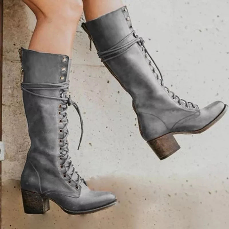 Leather Knee-High Lace-Up Boots
