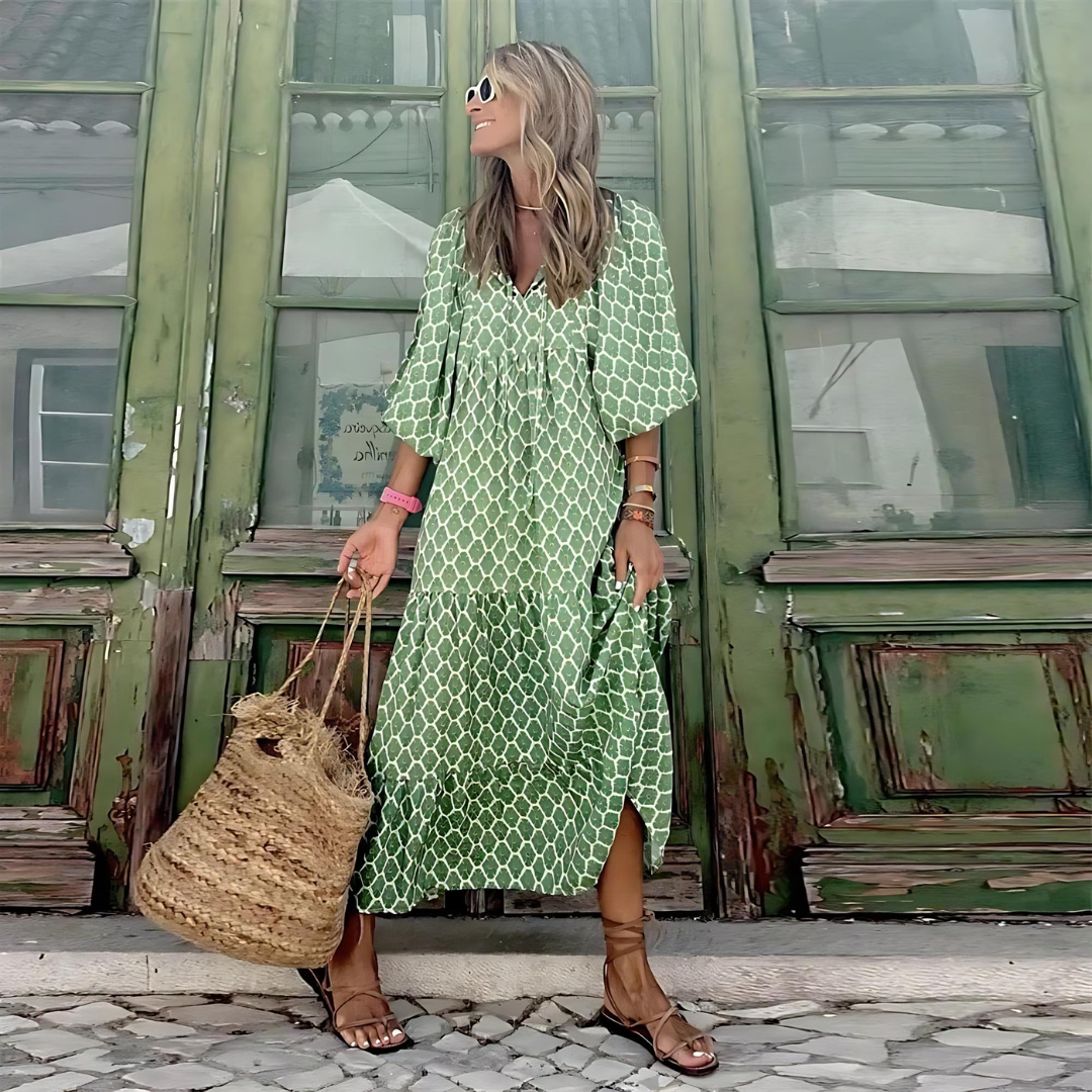 Printed V-Neck Flowy Maxi Dress