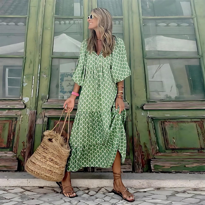 Printed V-Neck Flowy Maxi Dress