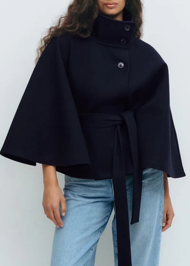 Belted High-Neck Cape Coat