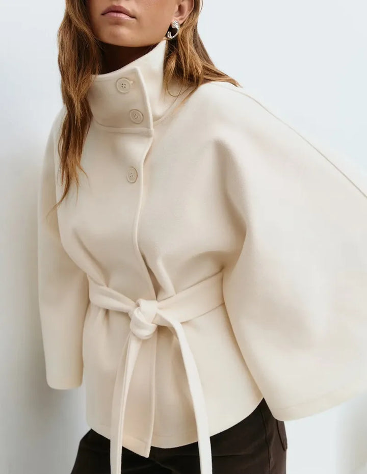Belted High-Neck Cape Coat