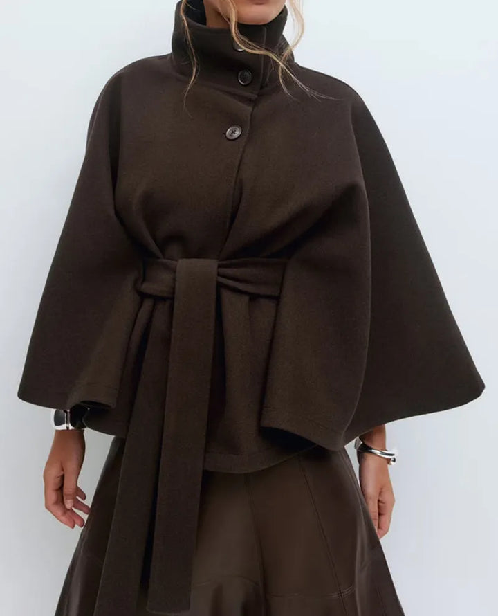 Belted High-Neck Cape Coat
