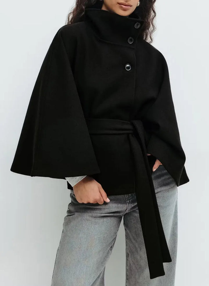 Belted High-Neck Cape Coat
