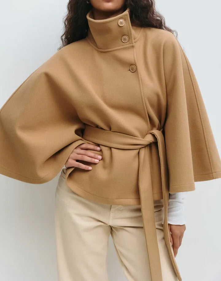 Belted High-Neck Cape Coat