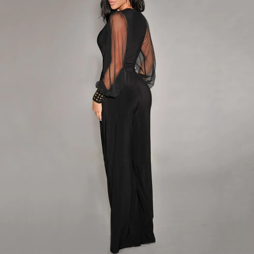 Long Sleeve V-Neck Wide-Leg Jumpsuit