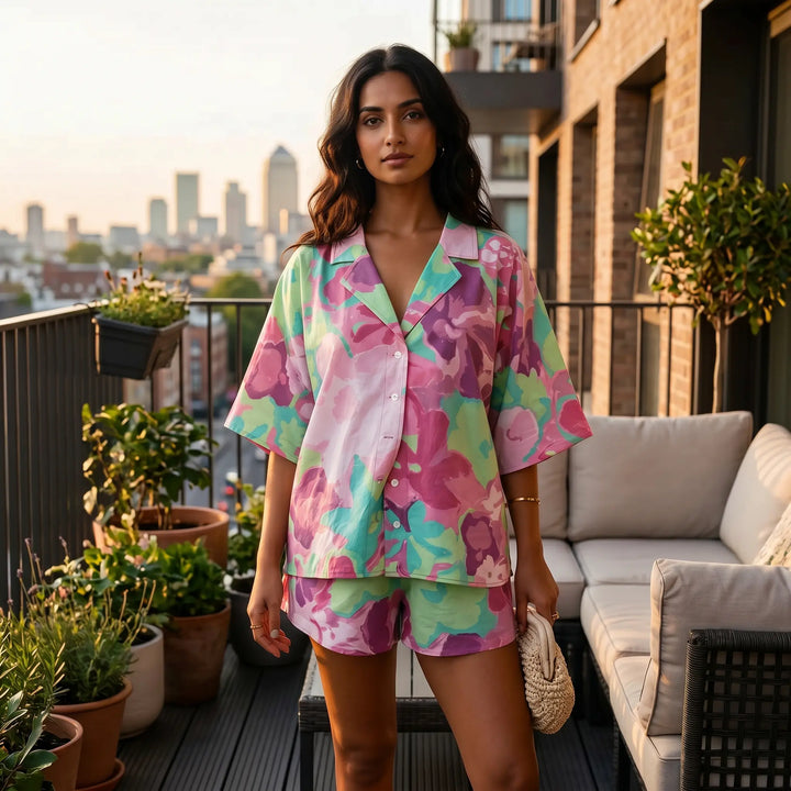 A woman models a vibrant abstract floral print two-piece loungewear set, featuring a loose camp-collar shirt and relaxed shorts, on a balcony with a city skyline view.
