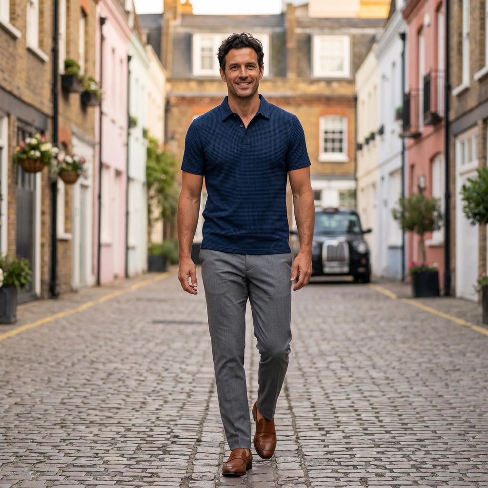 Man walks confidently on a cobblestone street wearing a navy blue textured knit polo shirt and tailored grey trousers, exuding effortless style.