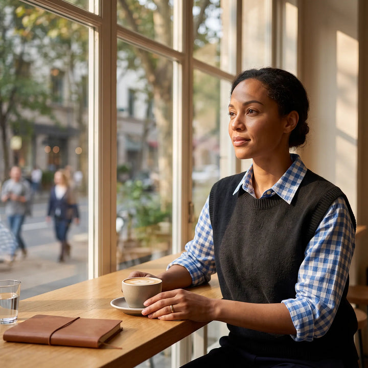 A woman wearing a blue and white gingham button-down shirt and a black knit vest, enjoying coffee at a cafe by the window, showcasing a relaxed and sophisticated casual style.