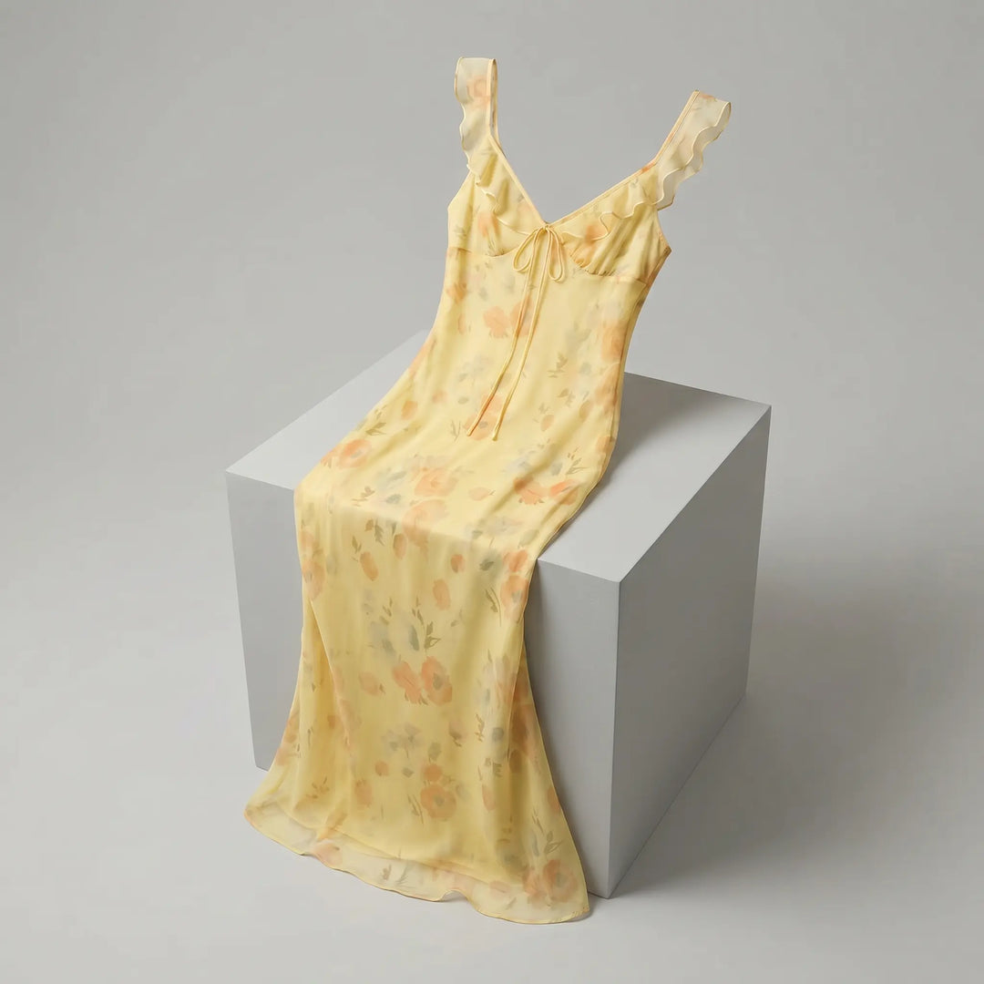 Aethelgard sunlit yellow floral print chiffon maxi dress with ruffled V-neck, adjustable tie, and mermaid hem, elegantly draped over a studio cube.