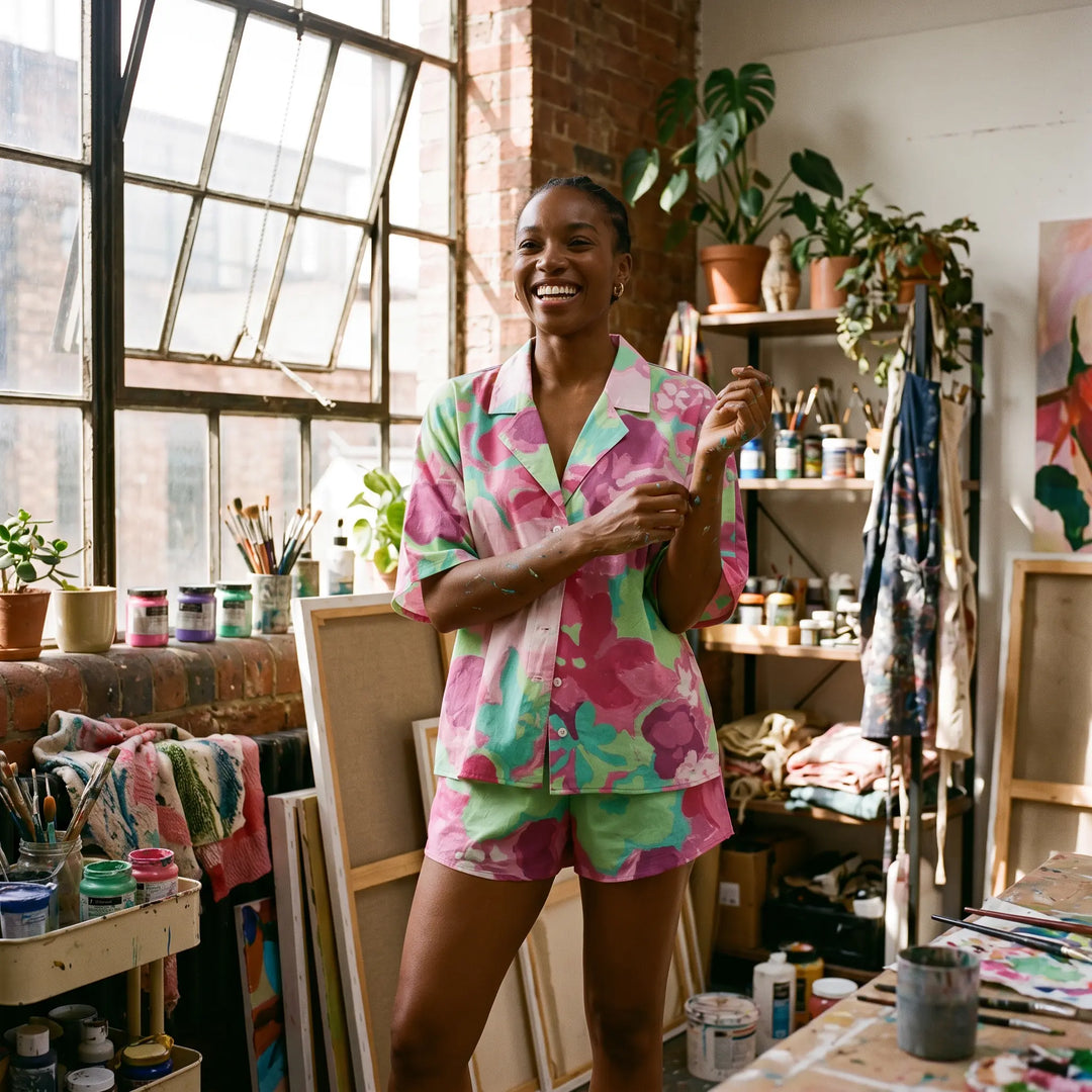 Woman wearing a vibrant abstract floral print loungewear set with camp collar shirt and shorts, laughing in a sunlit artist&